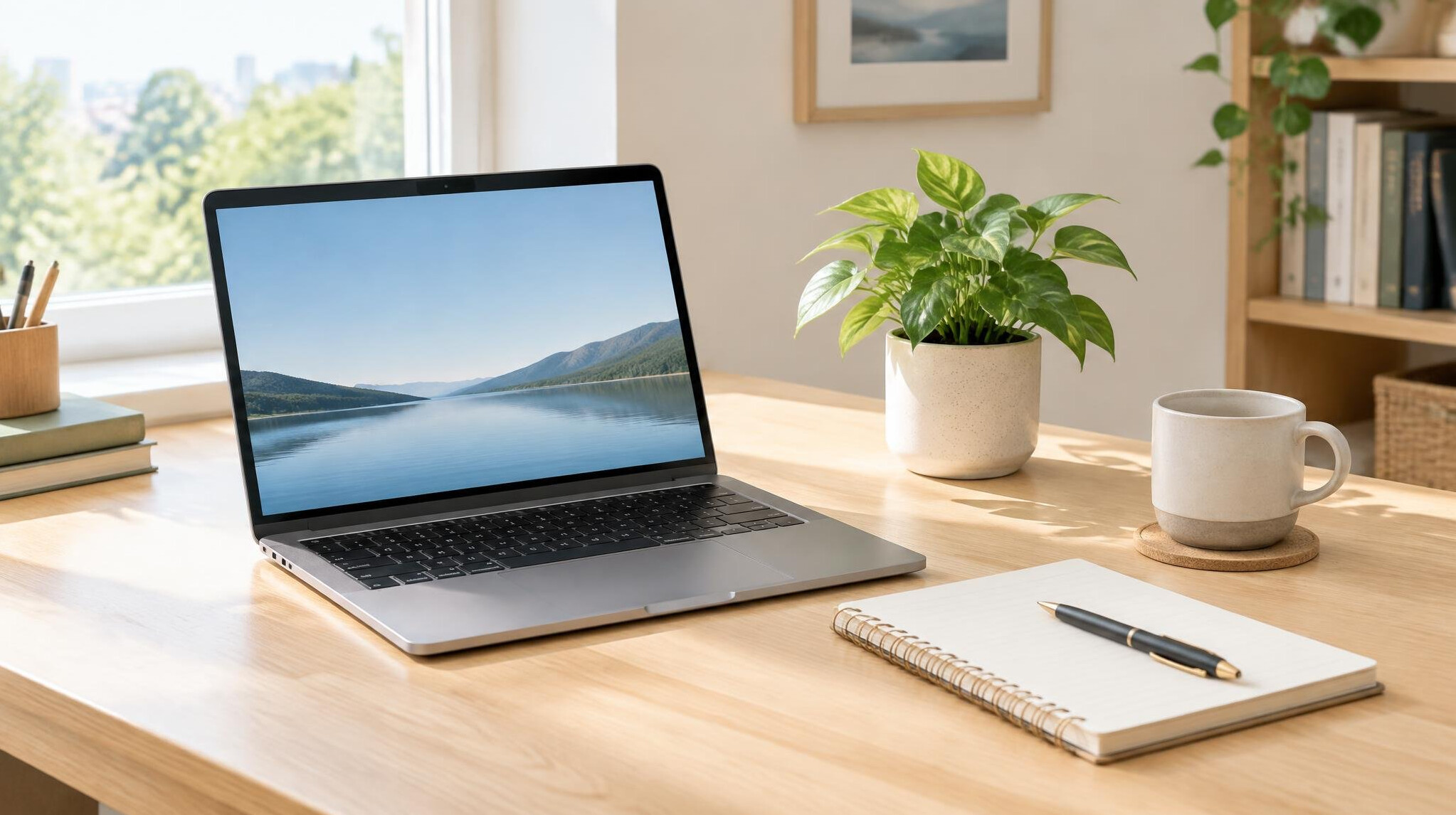 Calm workspace with laptop and plant