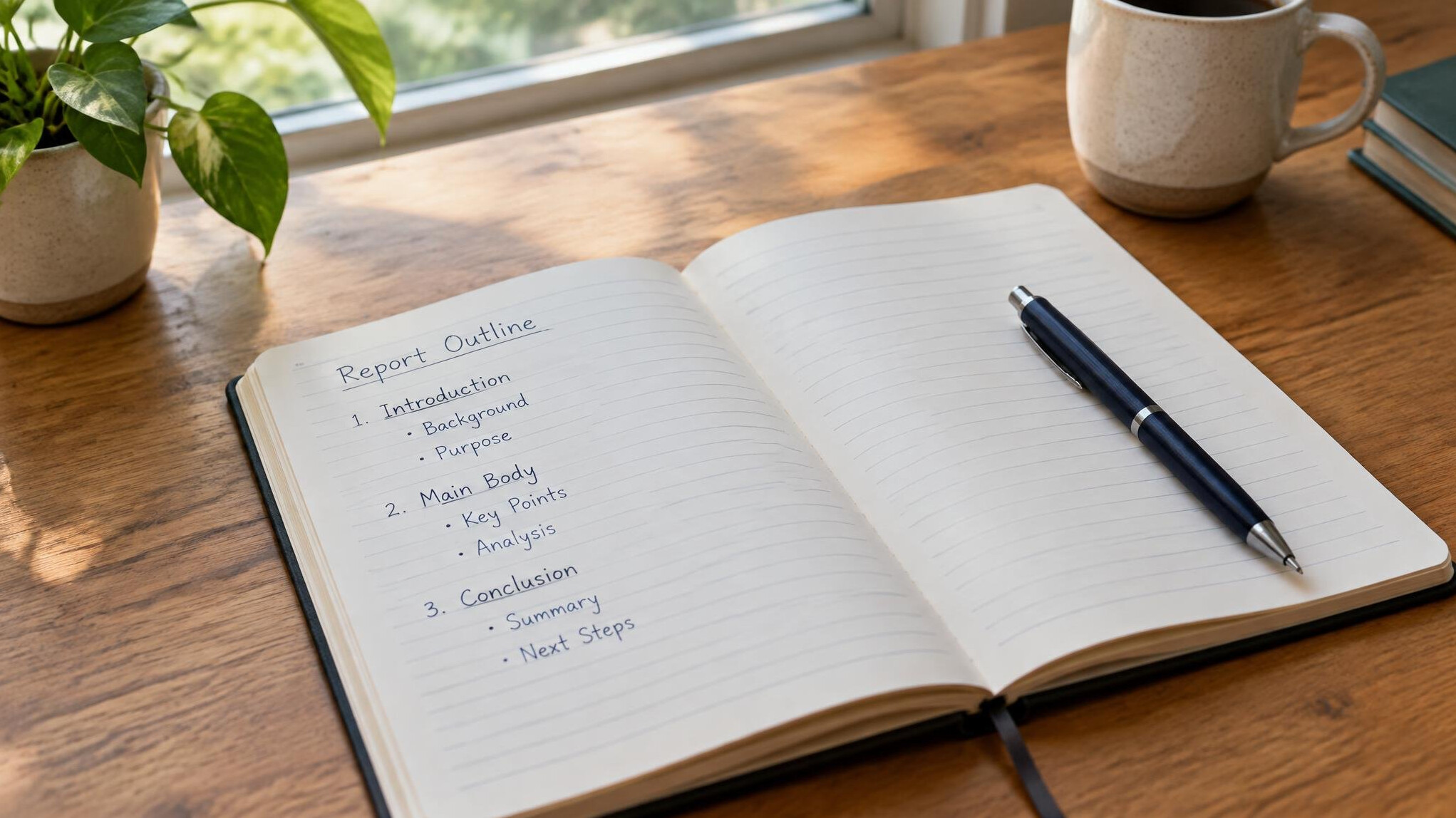 Notebook and pen for drafting a report structure