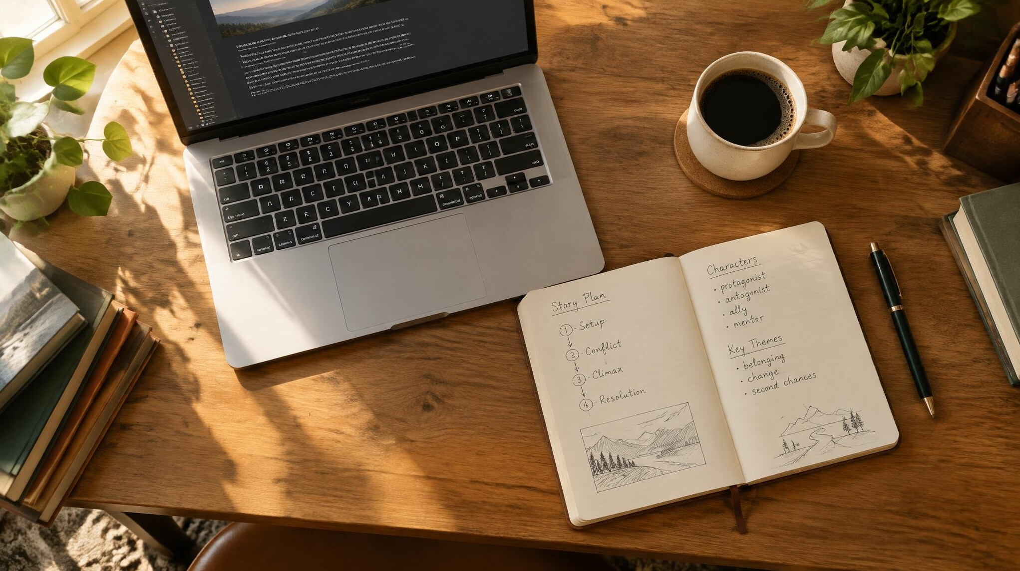 Laptop and notebook on a editor's desk with coffee