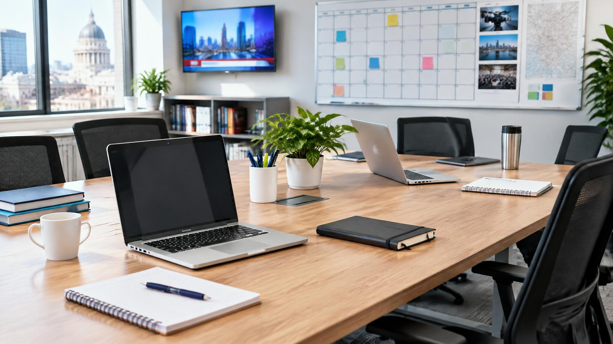 Desks with laptops in a shared newsroom