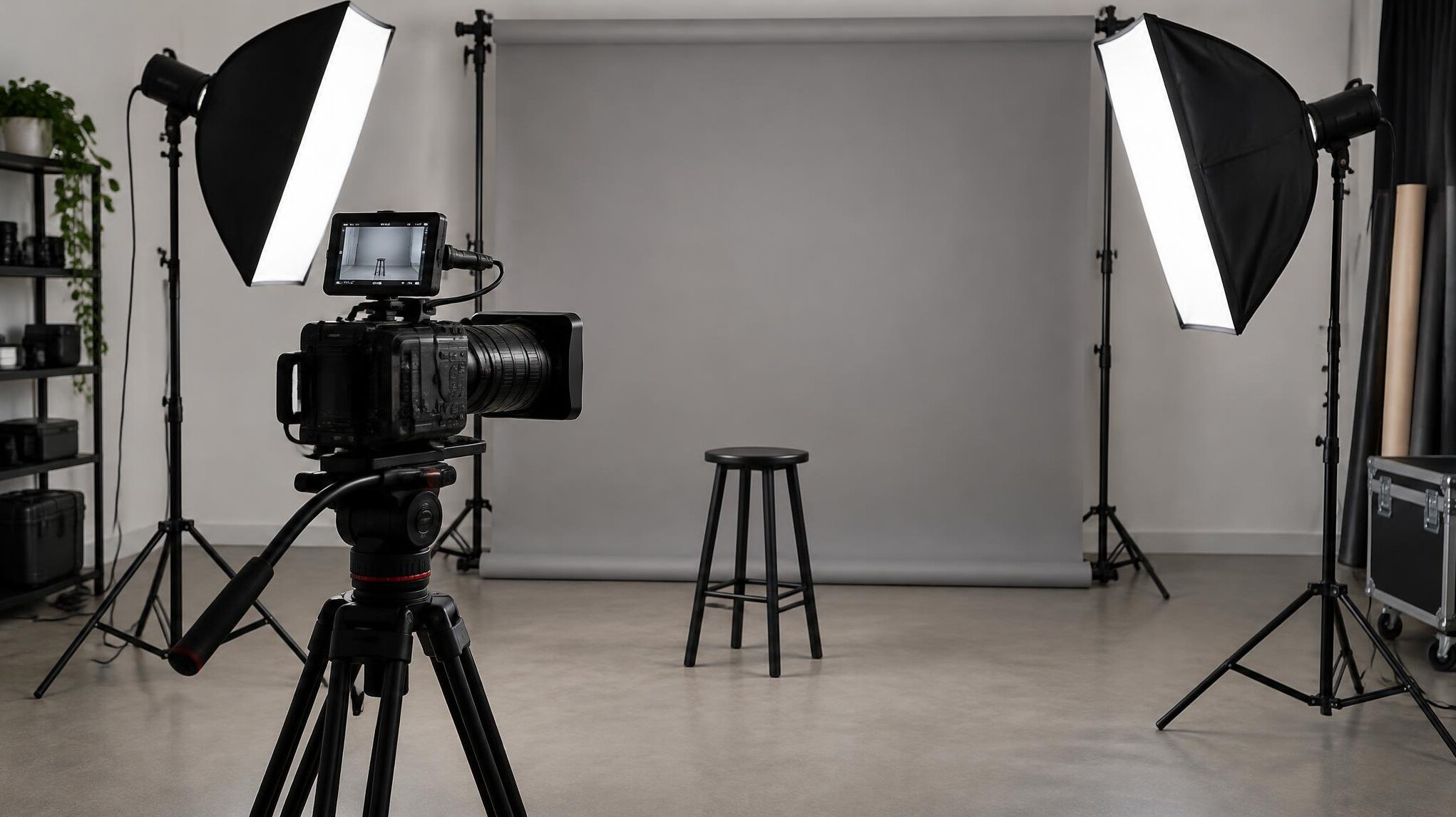 Camera and lighting equipment prepared for a shoot