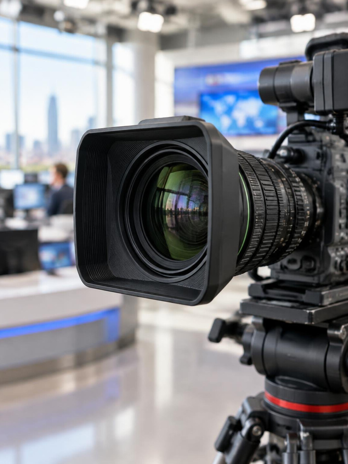 Close-up of a professional camera lens on a production set