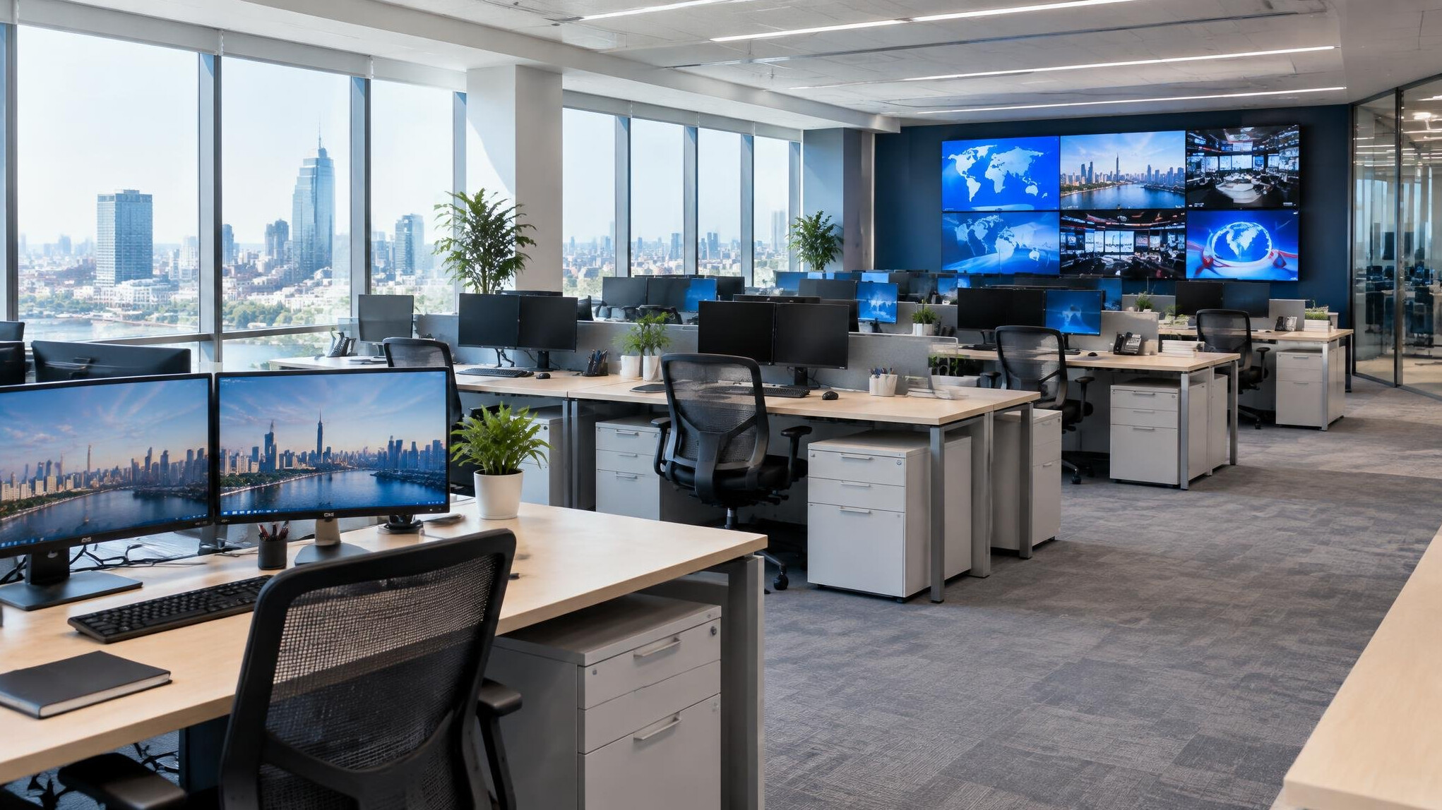 Bright modern newsroom office with desks
